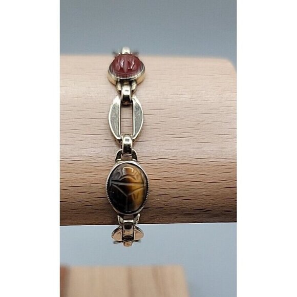 14k W. E. Richards Co. Symmetalic Sterling & Scarab Bracelet 6" Gemstones 1940s - Picture 5 of 15